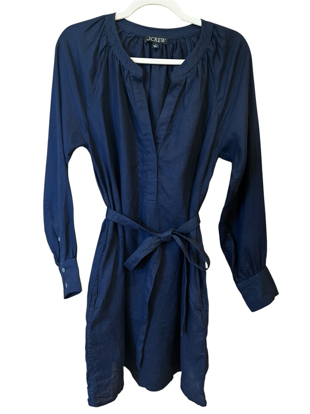 J. Crew Linen Cabana Tie Waist Mini Dress Navy Blue Size Small Beach Preppy